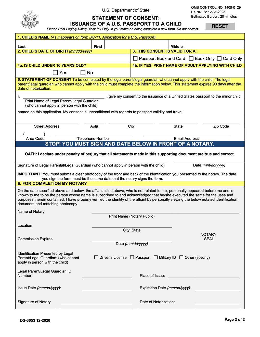 Statement Of Consent For Issuing A Passport To A Child Form DS 3053 